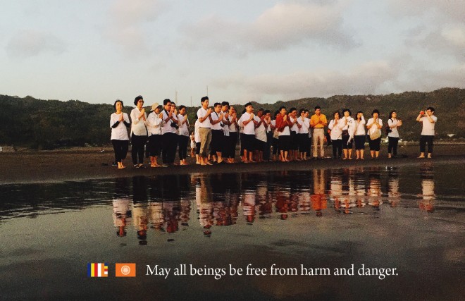 Nalanda members offering prayers at Parang Tritis Beach in Java, Indonesia.
