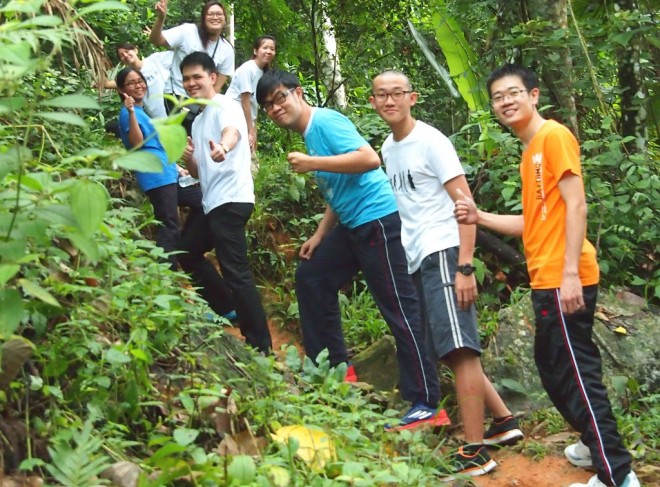 Hiking up Dragon's Path, a local nature trail, for some exercise.