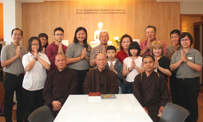 A group photograph with Ven. Thich Phuoc Can (left), Ven. Thich Thai Hoa (centre) and  Ven. Thich Tu Niem at Pustaka Nalanda.