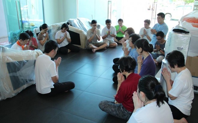 Nalanda founder Bro. Tan leading the squad in reflection and transference of merits daily.