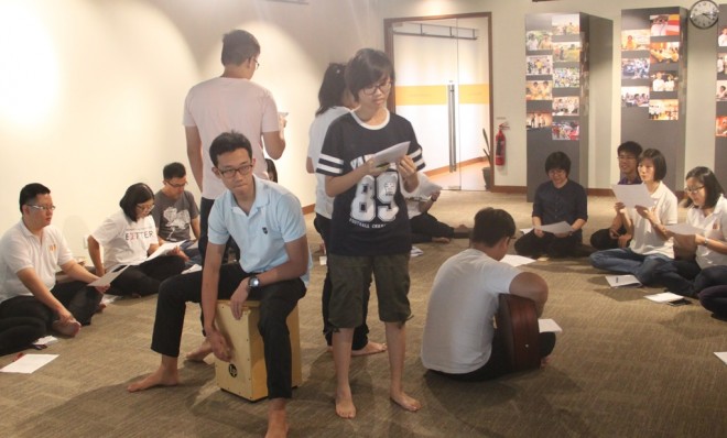 Nalanda youths rehearsing a musical number.