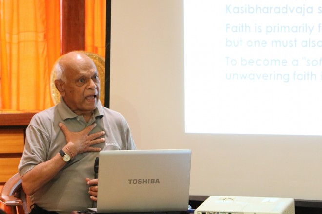 Achariya Vijaya giving the talk on 'Faith and Devotional Practice'.