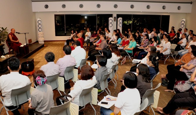 Geshe Dorji Damdul giving a Dhamma lecture at Nalanda Centre.