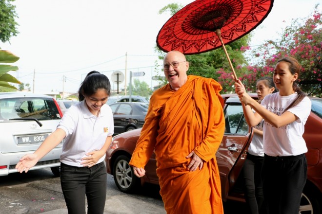 Ven. Khanti Khemā given a traditional welcome at Nalanda Centre.