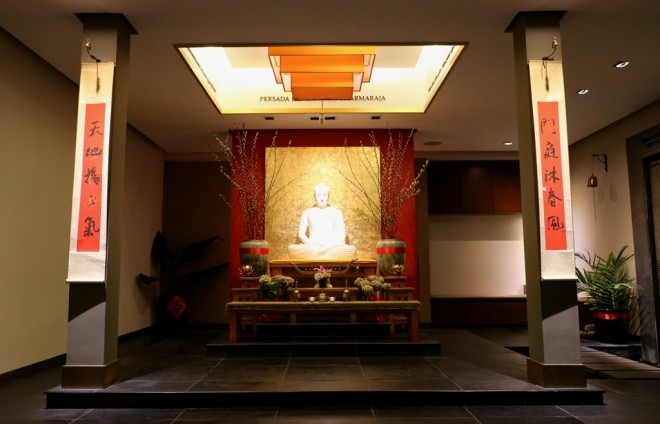 The serene Shrine Hall at Nalanda Centre.