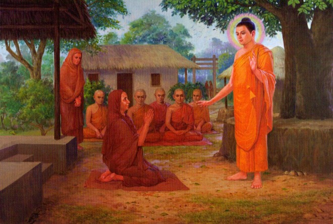 Mahapajapati Gotami melakukan permohonan kepada Sri Buddha untuk memasuki Sangha dan menjadi Bhikkhuni.